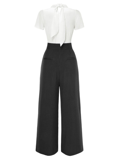 2PCS 1930s White Satin Blouse & Gray Pinstripes Pants
