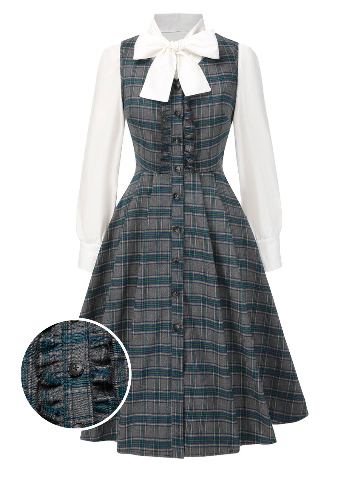 [Pre-Sale] 2PCS Gray 1950s Plaid Ruffled Dress & Cotton Blouse