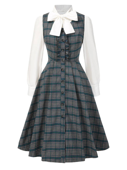[Pre-Sale] 2PCS Gray 1950s Plaid Ruffled Dress & Cotton Blouse