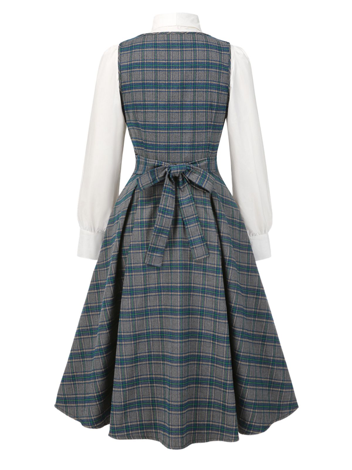 [Pre-Sale] 2PCS Gray 1950s Plaid Ruffled Dress & Cotton Blouse