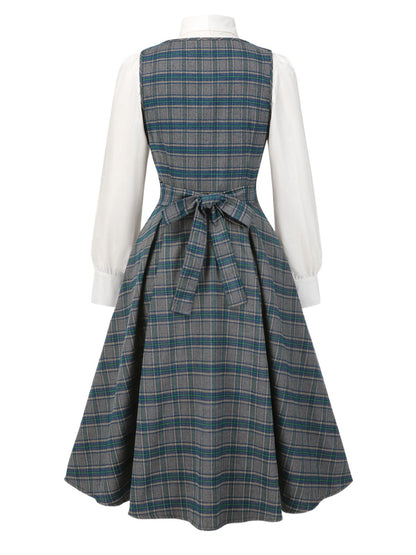 [Pre-Sale] 2PCS Gray 1950s Plaid Ruffled Dress & Cotton Blouse