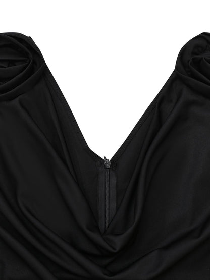 Black 1930s Sequined Belt Deep V-Neck Jumpsuit