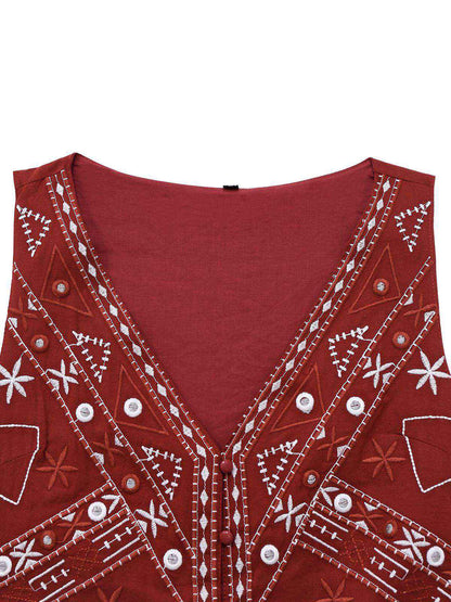 Dark Red 1970s Embroidered Boho Vest