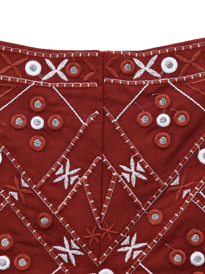 Dark Red 1970s Embroidered Boho Shorts