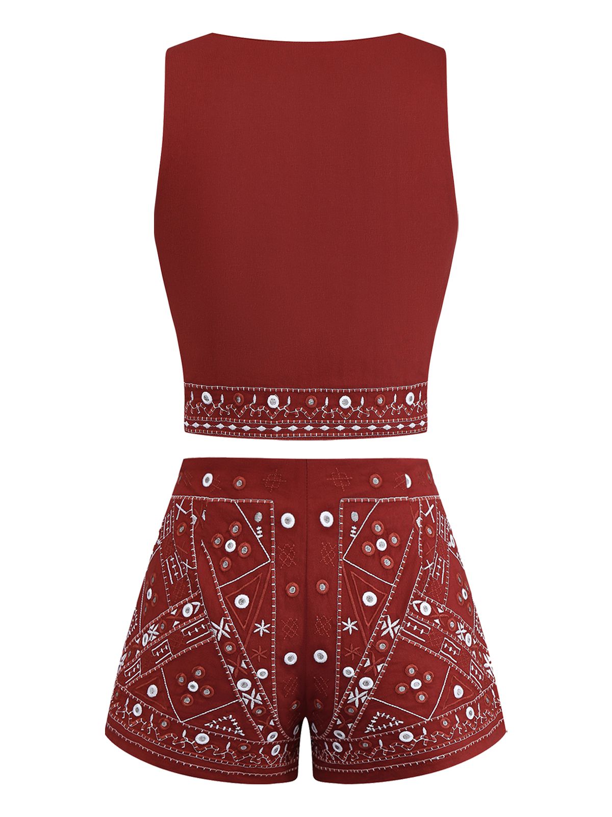 2PCS Dark Red 1970s Embroidered Boho Vest & Shorts