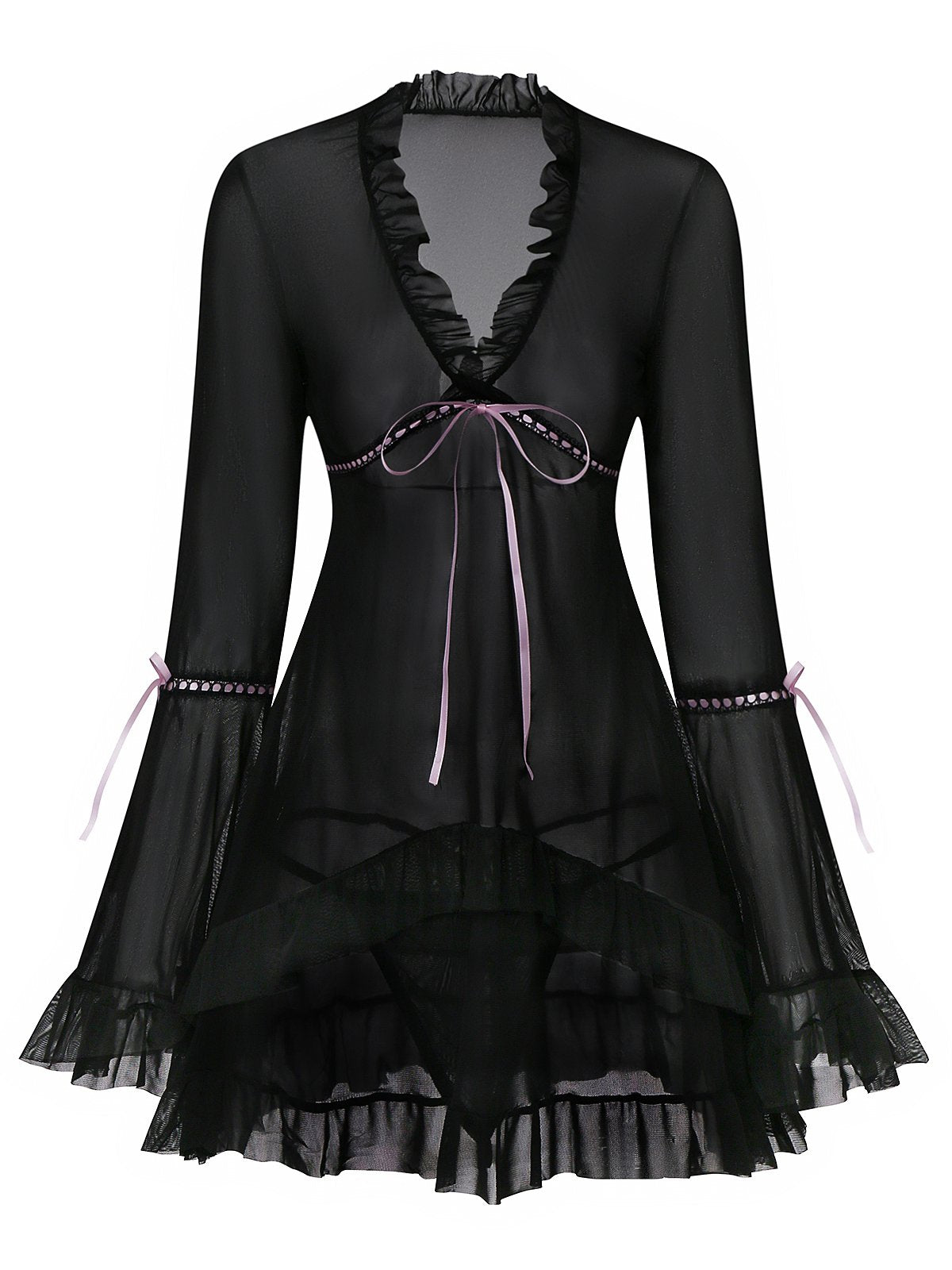 Black 1970s Bowknot Ruffled Sheer Nightdress