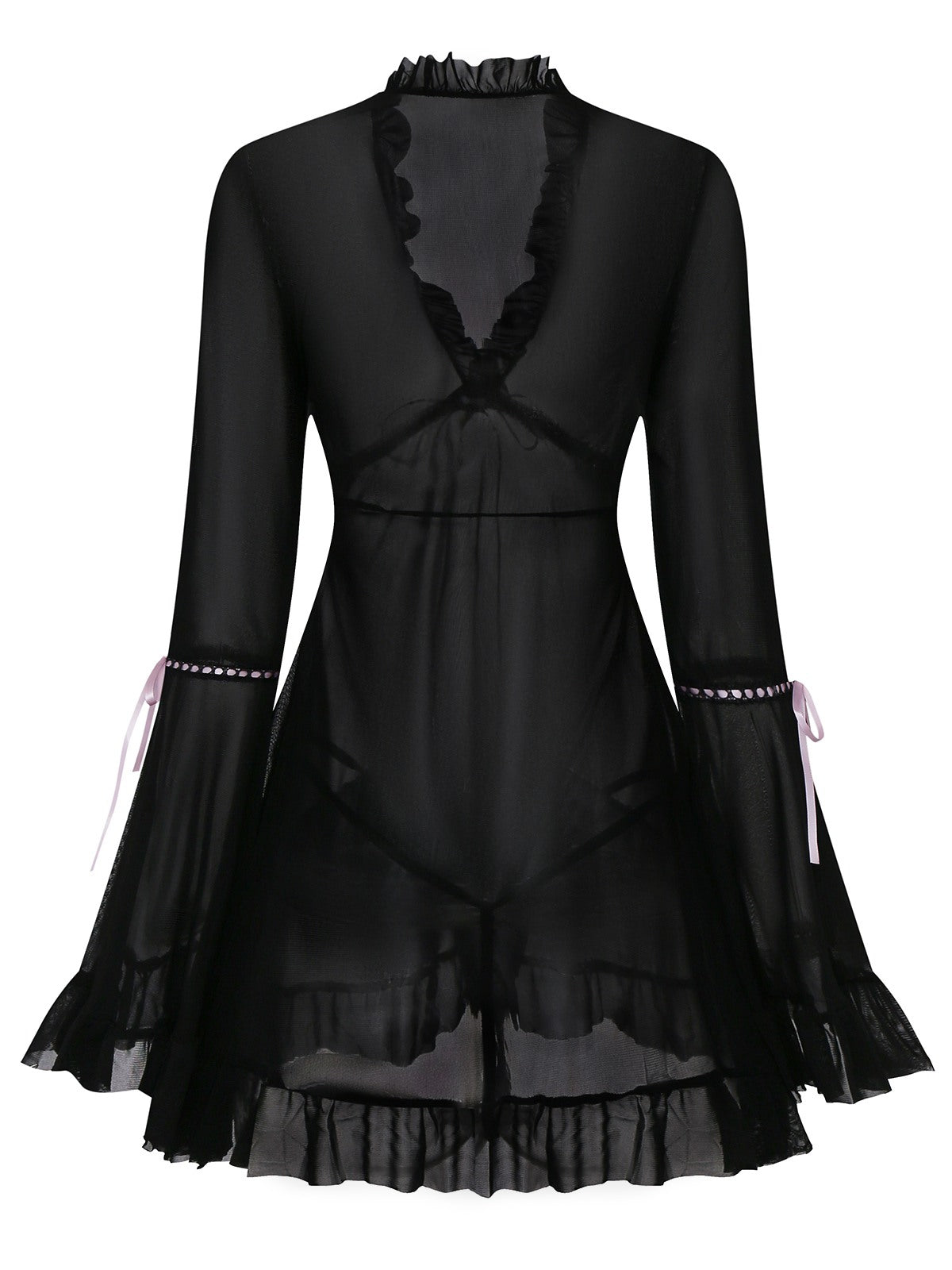 Black 1970s Bowknot Ruffled Sheer Nightdress