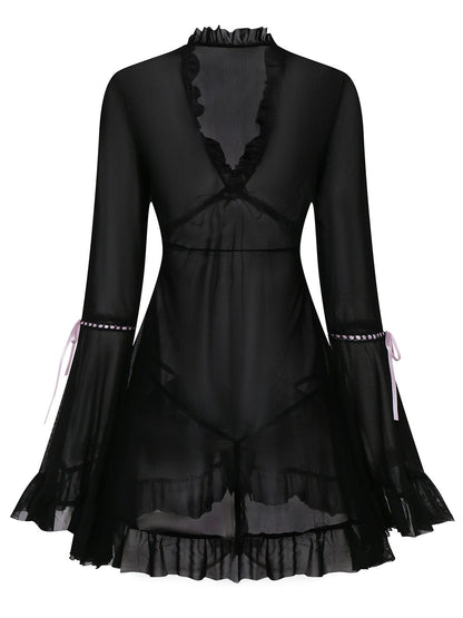 Black 1970s Bowknot Ruffled Sheer Nightdress