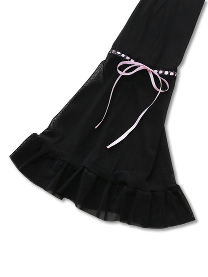 Black 1970s Bowknot Ruffled Sheer Nightdress
