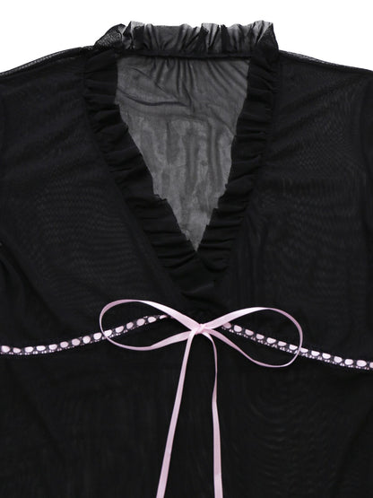 Black 1970s Bowknot Ruffled Sheer Nightdress