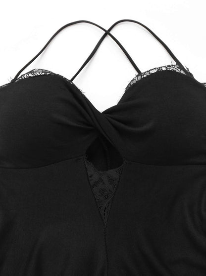 Black 1930s Lace Trimmed Halter Maxi Dress