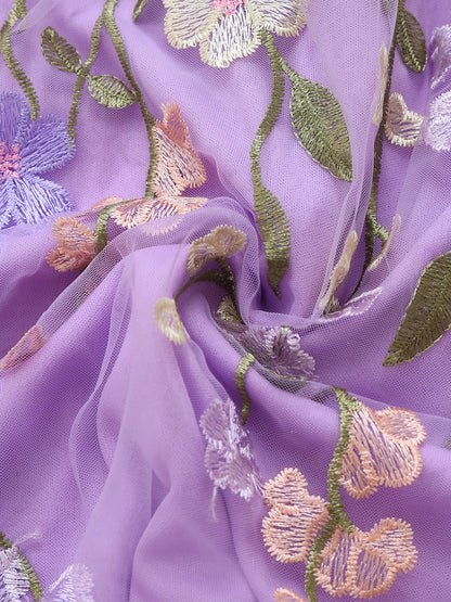 Purple 1950s Floral Embroidered Mesh A-Line Dress