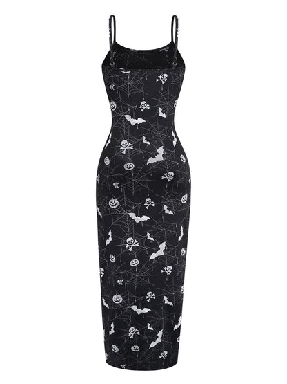 Black 1950s Halloween Print Slit Midi Dress
