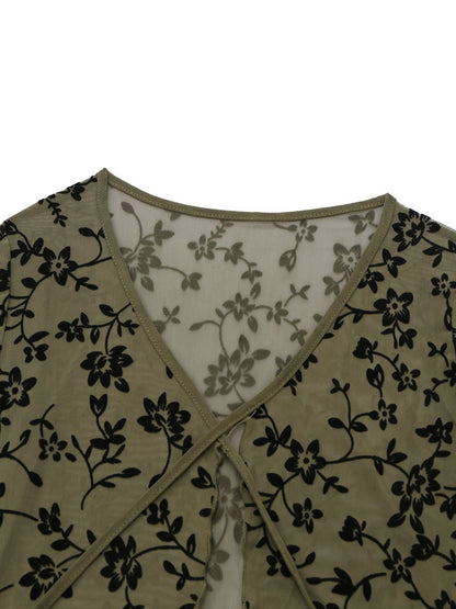 1980s Sheer Botanical Print Lace-Up Cardigan