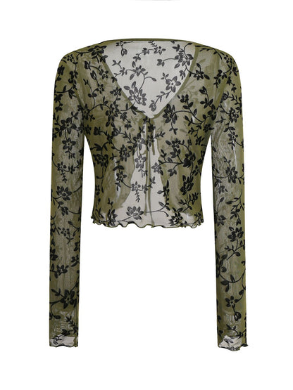 1980s Sheer Botanical Print Lace-Up Cardigan