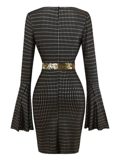 Black 1970s Bell Sleeve Sheer Belted Disco Dress