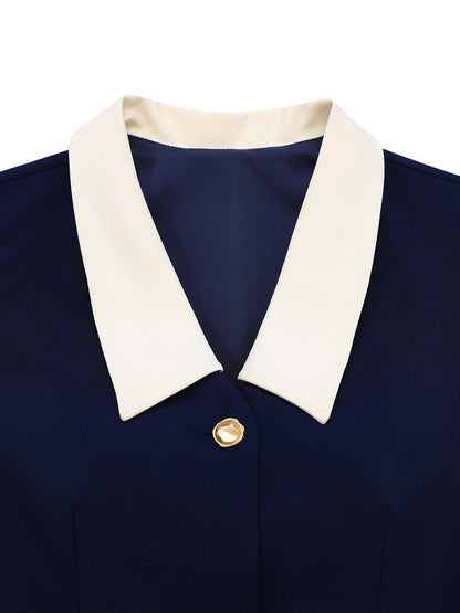 Dark Blue 1960s Contrast Raw Cuffs Buttons Dress
