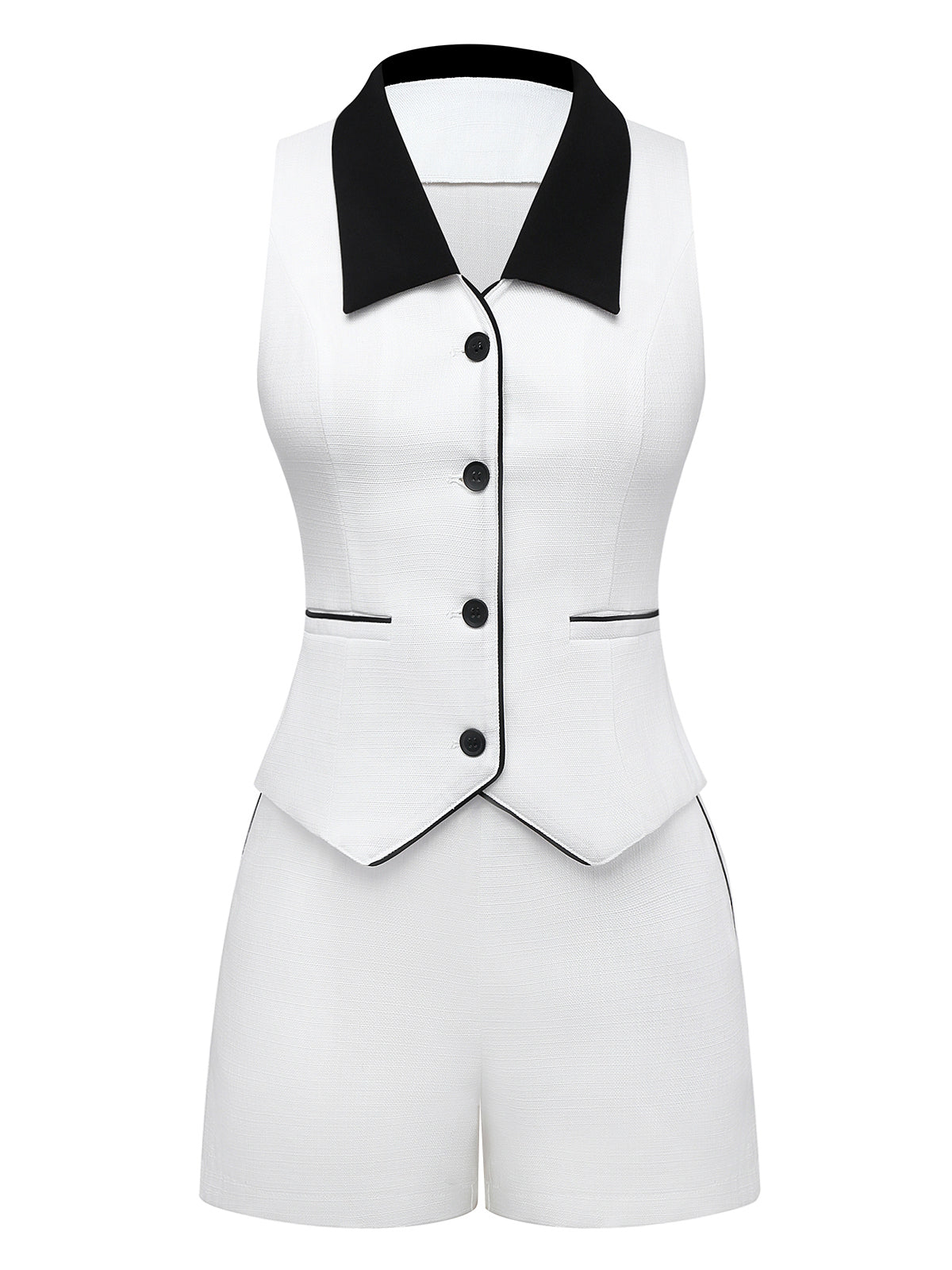 2PCS White 1960s Lapel Collar Button Sleeveless Suit