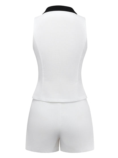 2PCS White 1960s Lapel Collar Button Sleeveless Suit