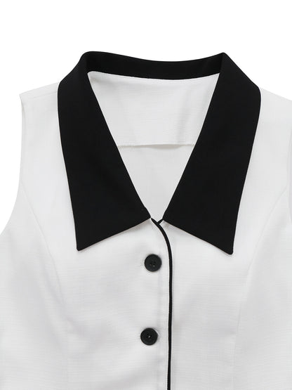 2PCS White 1960s Lapel Collar Button Sleeveless Suit