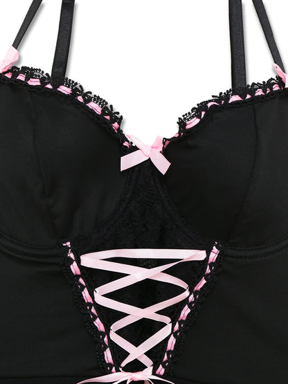 Black 1950s Spaghetti Strap Bow Lace Sleepwear