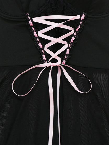 Black 1950s Spaghetti Strap Bow Lace Sleepwear