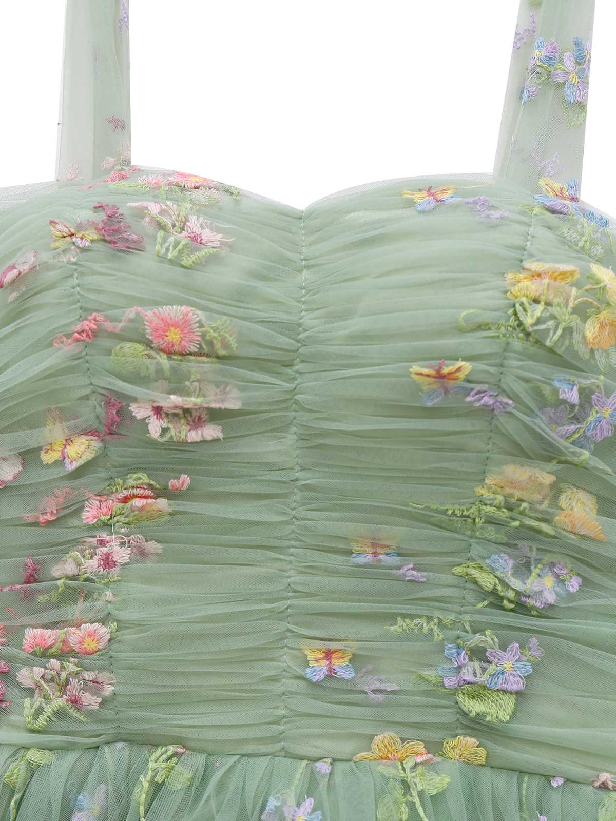 Green 1930s Shoulder Tie Embroidered Floral Mesh Dress