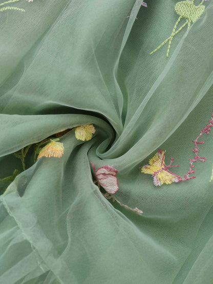Green 1930s Shoulder Tie Embroidered Floral Mesh Dress