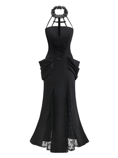 Black 1930s Gothic Lace Halter Mermaid Dress