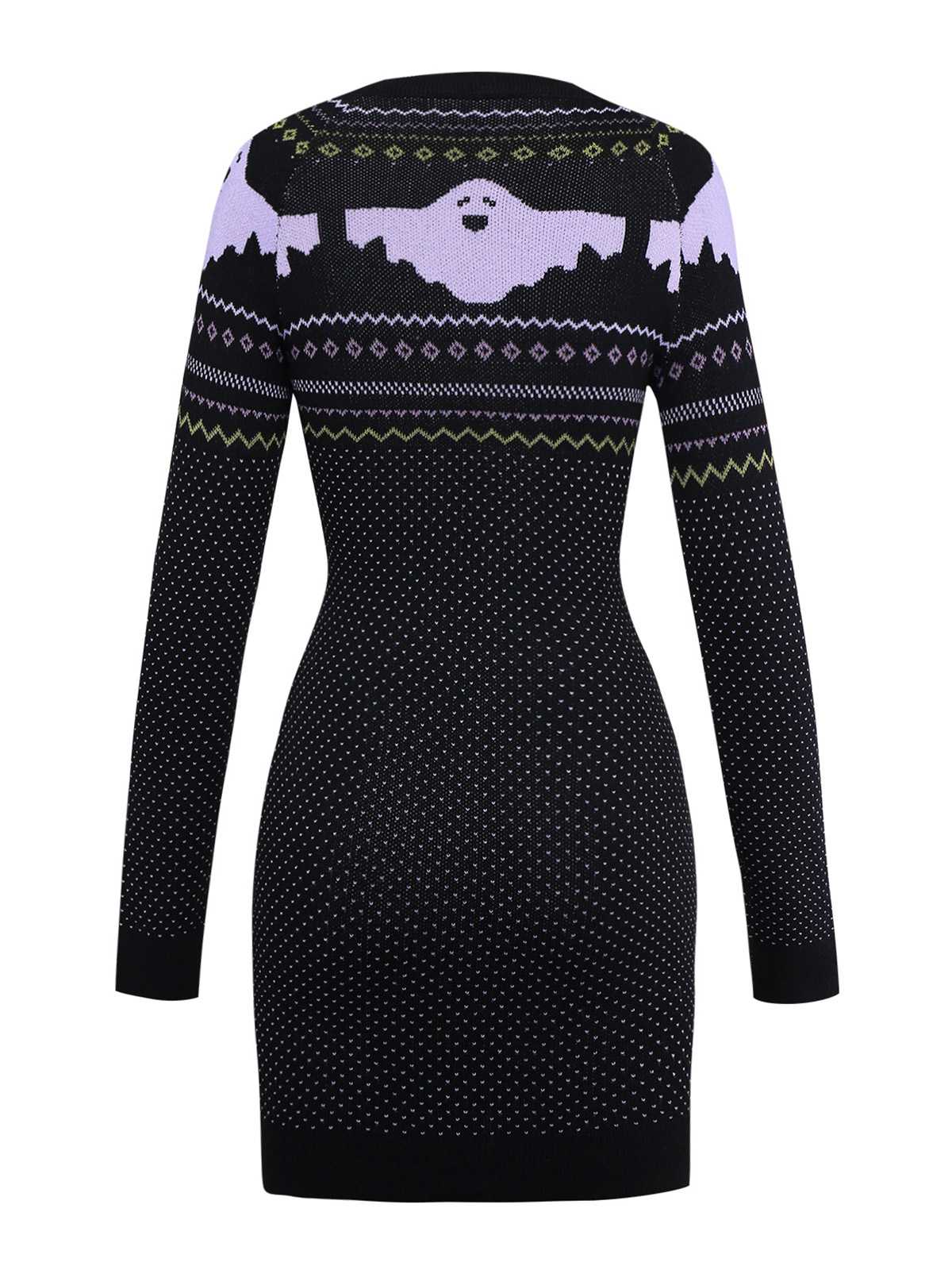 Black 1960s Dots Halloween Ghost Sweater Dress