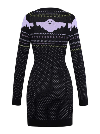 Black 1960s Dots Halloween Ghost Sweater Dress