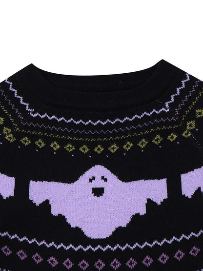 Black 1960s Dots Halloween Ghost Sweater Dress