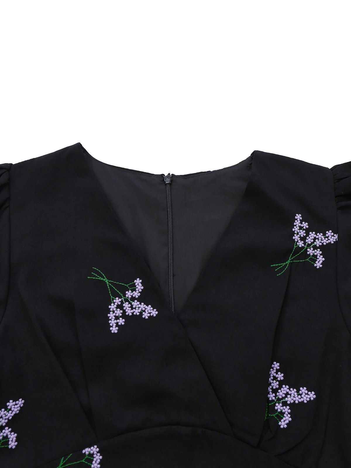Black 1940s Purple Floral Embroidered V-Neck Dress