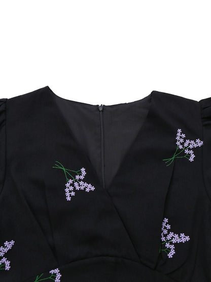 Black 1940s Purple Floral Embroidered V-Neck Dress