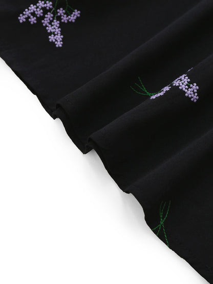 Black 1940s Purple Floral Embroidered V-Neck Dress