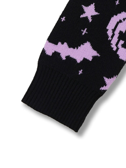 Black 1970s Halloween Pumpkin Bat Knit Sweater