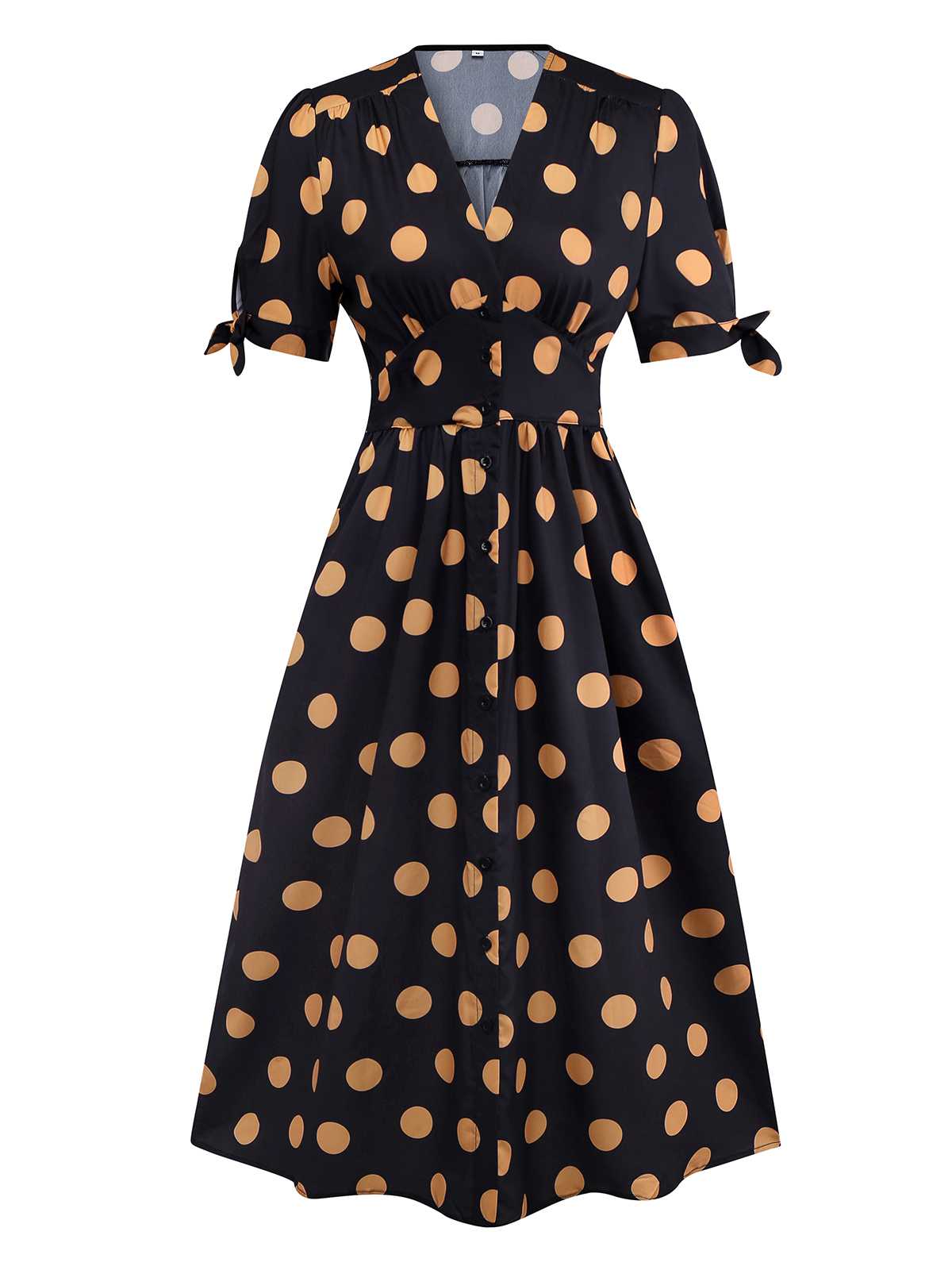 Black 1940s V-Neck Polka Dots Dress