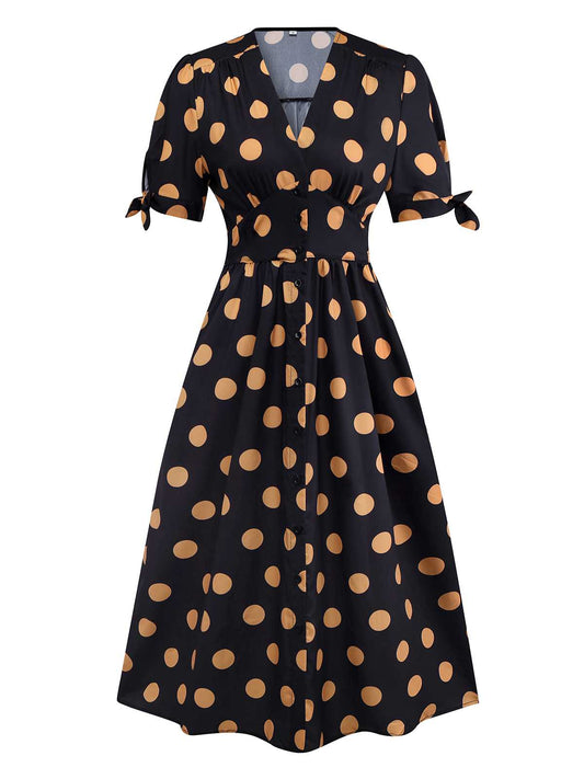 Black 1940s V-Neck Polka Dots Dress