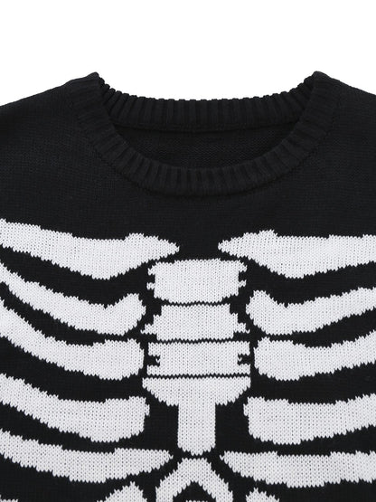 Black 1950s Halloween Skeleton Print Knit Sweater