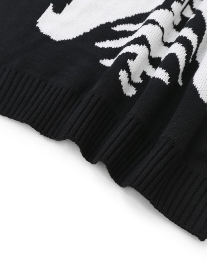 Black 1950s Halloween Skeleton Print Knit Sweater