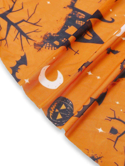 Orange 1970s Halloween Pumpkin Print Lace Halter Nightgown