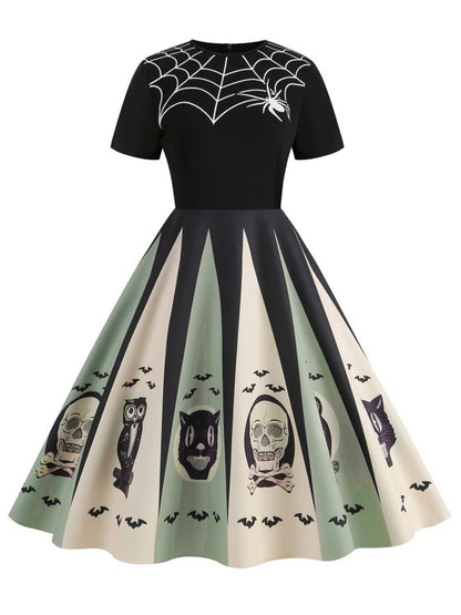 [Pre-Sale] 1950s Halloween Spider Web Print Patchwork Dress