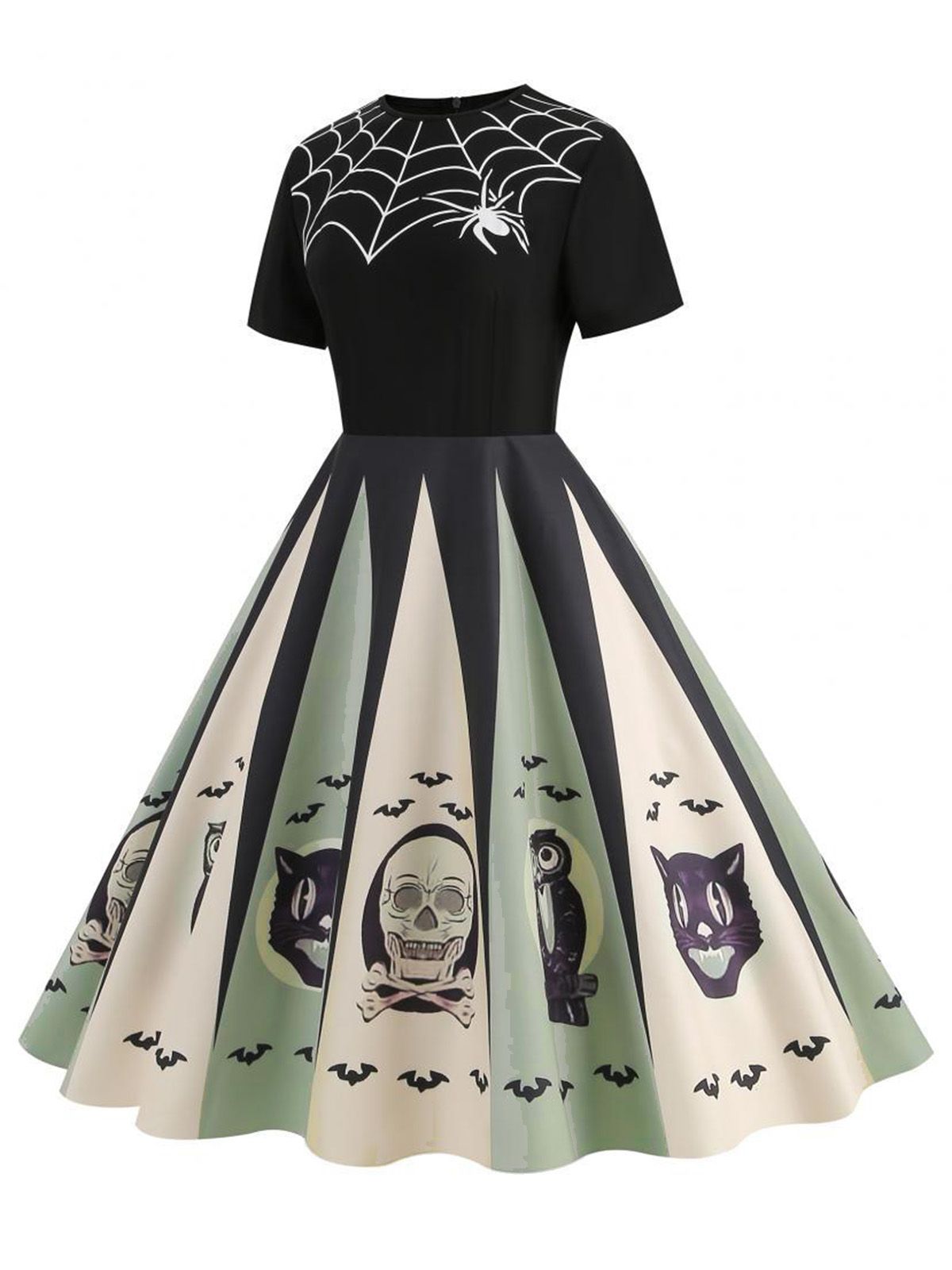 [Pre-Sale] 1950s Halloween Spider Web Print Patchwork Dress