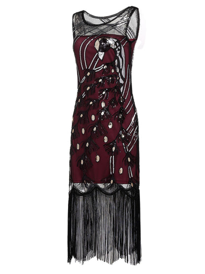 Wine Red 1920s Peacock Flapper Dress