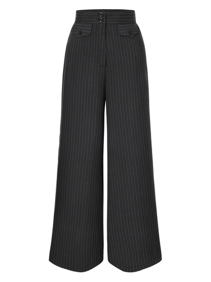 2PCS 1930s White Satin Blouse & Gray Pinstripes Pants