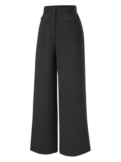 2PCS 1930s White Satin Blouse & Gray Pinstripes Pants