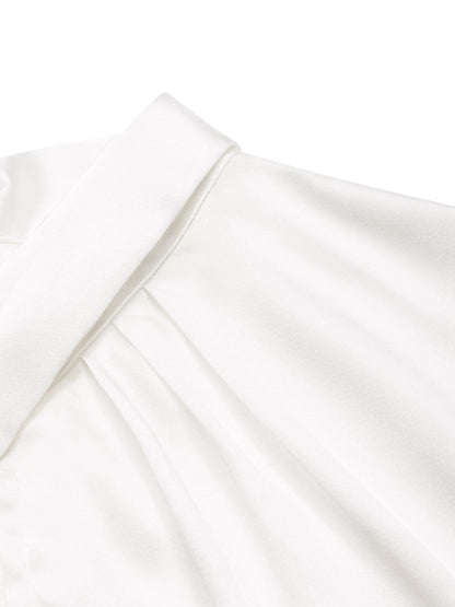 2PCS 1930s White Satin Blouse & Gray Pinstripes Pants