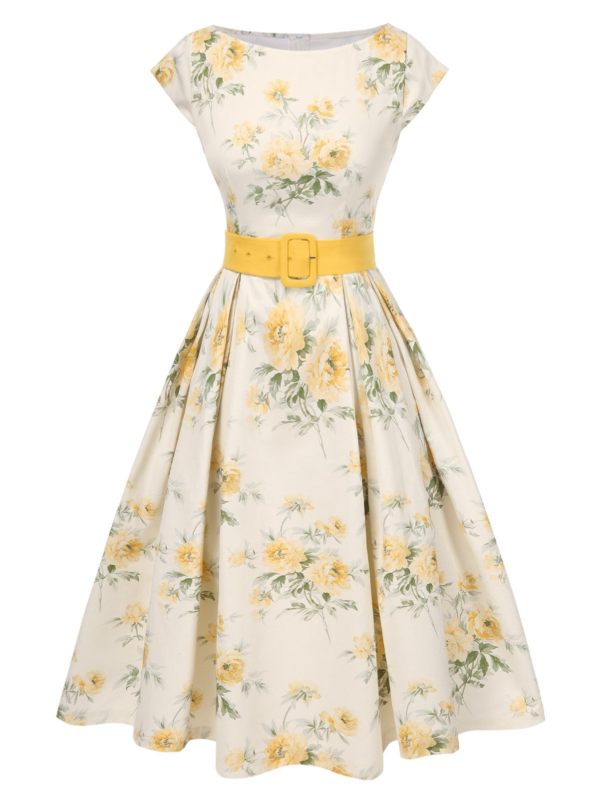 Yellow 1950s Boat Neck Antique Floral Dress