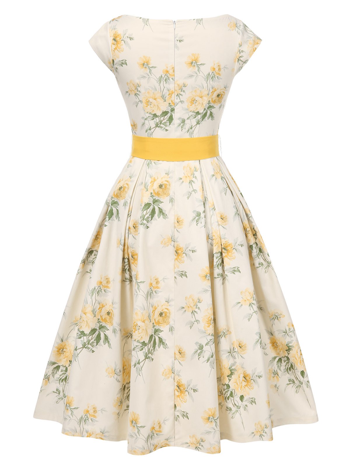 Yellow 1950s Boat Neck Antique Floral Dress