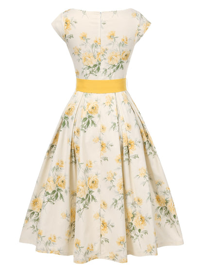 Yellow 1950s Boat Neck Antique Floral Dress